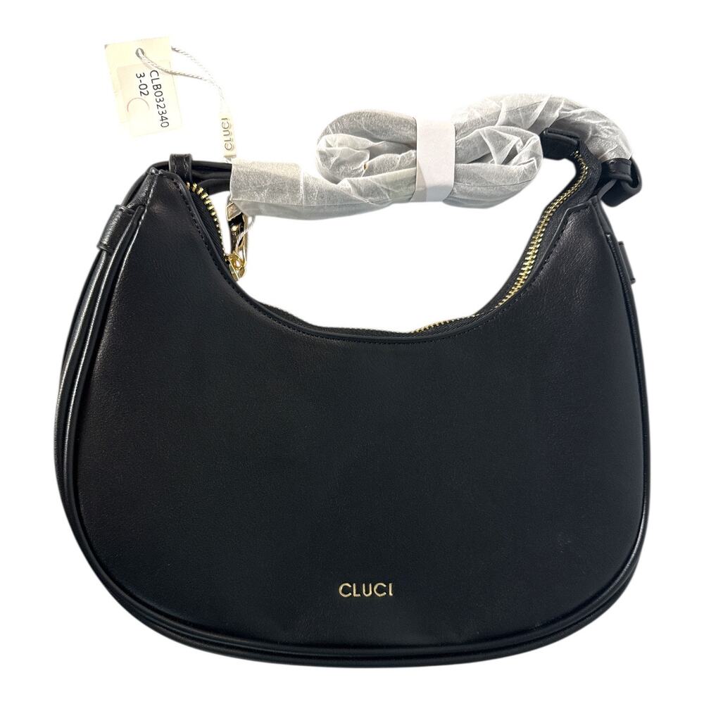 CLUCI Black Hobo Shoulder Bag Vegan Leather Baguette Purse Gold Hardware NWT - Picture 8 of 8